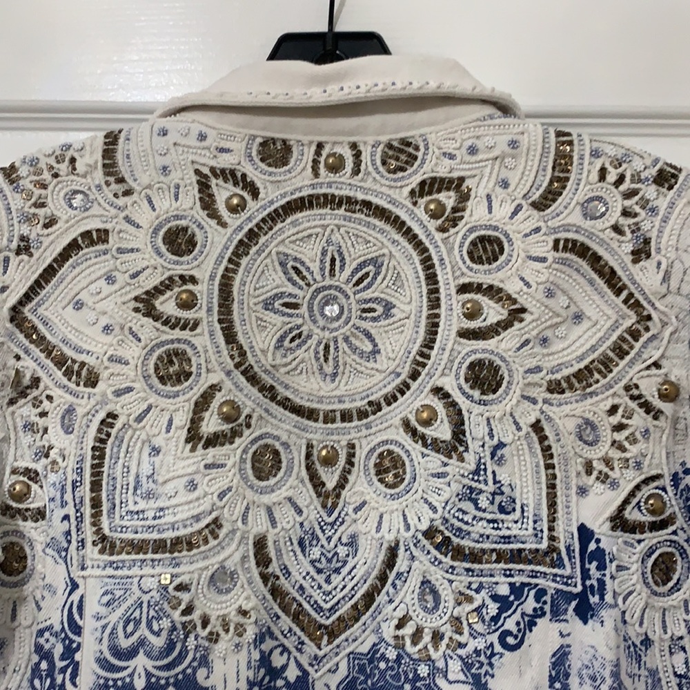 Beaded, embellished, printed denim jacket - One of a Kind